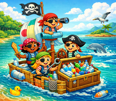 Cartoon children dressed as pirates collecting plastic waste from the ocean on a small raft.